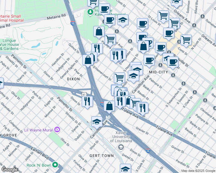 map of restaurants, bars, coffee shops, grocery stores, and more near 4313 Ulloa Street in New Orleans