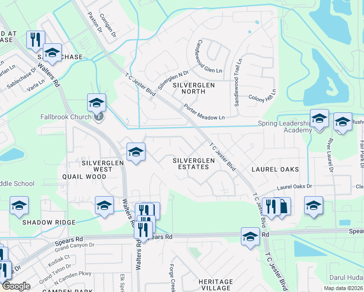 map of restaurants, bars, coffee shops, grocery stores, and more near 12527 Silverwyck Drive in Houston