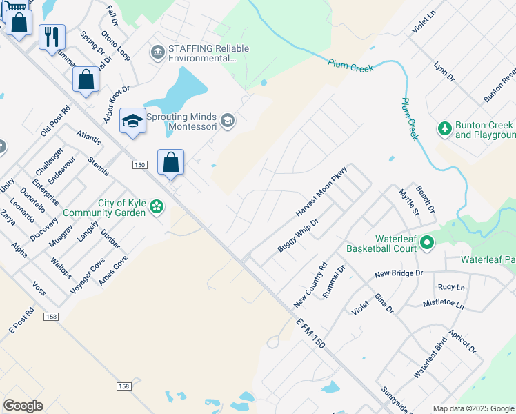 map of restaurants, bars, coffee shops, grocery stores, and more near 285 Harvest Moon Parkway in Kyle