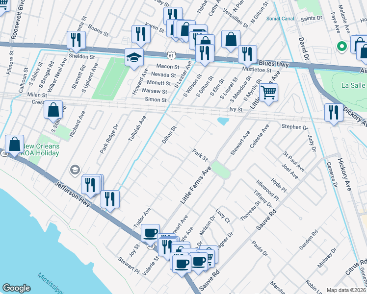 map of restaurants, bars, coffee shops, grocery stores, and more near 396 Tudor Avenue in River Ridge