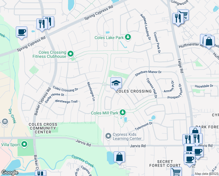 map of restaurants, bars, coffee shops, grocery stores, and more near 16111 Coles Crossing Drive in Harris County