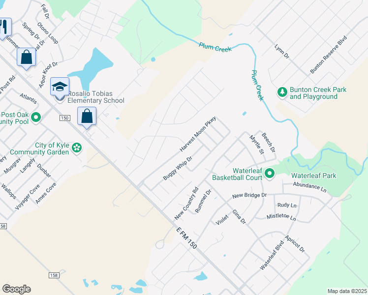 map of restaurants, bars, coffee shops, grocery stores, and more near Harvest Moon Parkway in Kyle