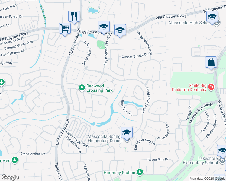 map of restaurants, bars, coffee shops, grocery stores, and more near 17614 Fossil Ridge Lane in Humble