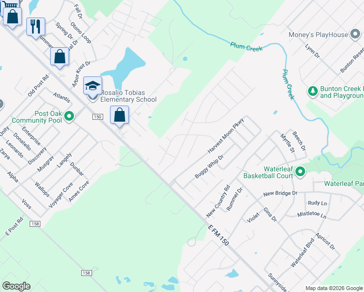 map of restaurants, bars, coffee shops, grocery stores, and more near 285 Harvest Moon Parkway in Kyle