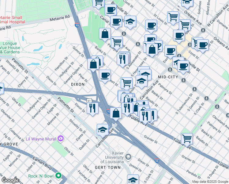 map of restaurants, bars, coffee shops, grocery stores, and more near 4313 Ulloa Street in New Orleans