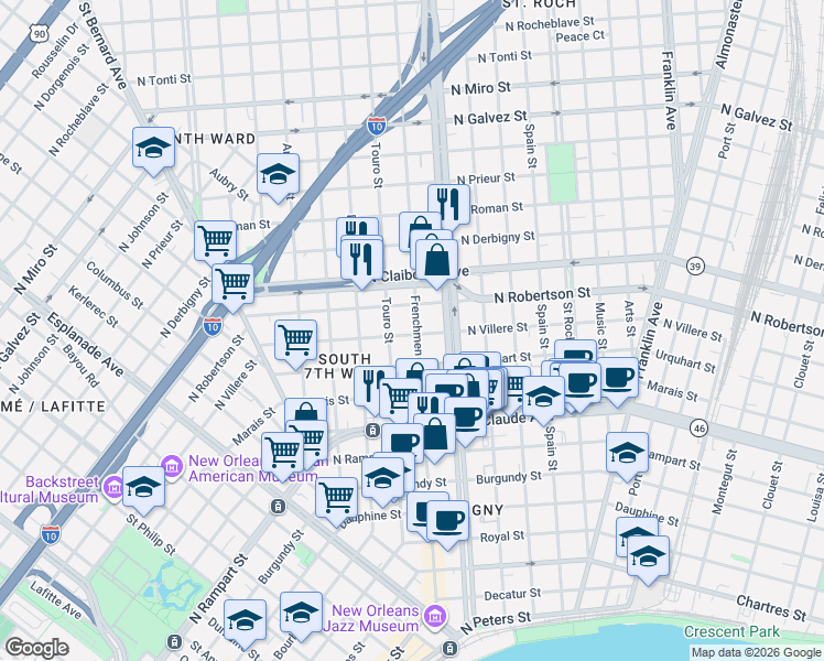 map of restaurants, bars, coffee shops, grocery stores, and more near 1400 Frenchmen Street in New Orleans