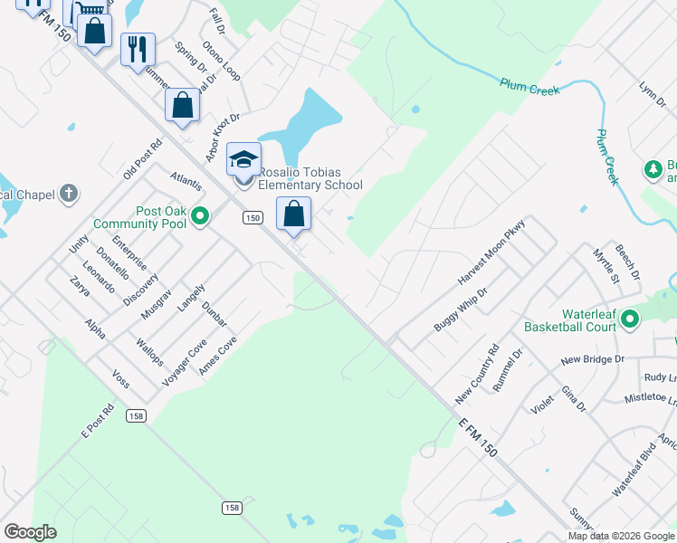 map of restaurants, bars, coffee shops, grocery stores, and more near 1451 Ranch to Market Road 150 in Kyle