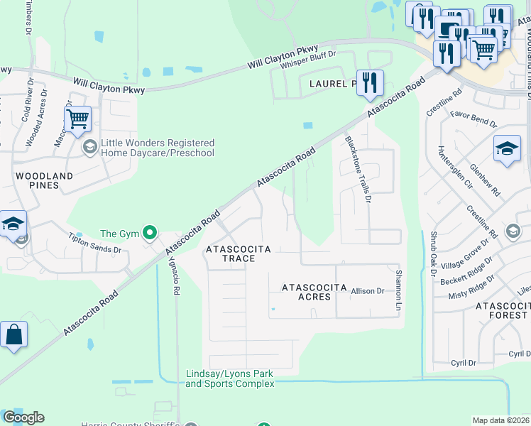 map of restaurants, bars, coffee shops, grocery stores, and more near 17410 Wigeon Way Drive in Humble