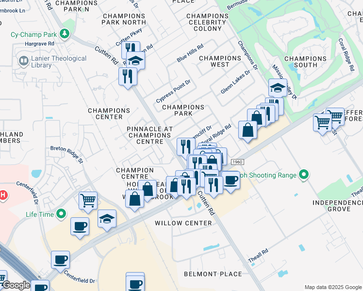 map of restaurants, bars, coffee shops, grocery stores, and more near 6919 Fawncliff Dr in Houston