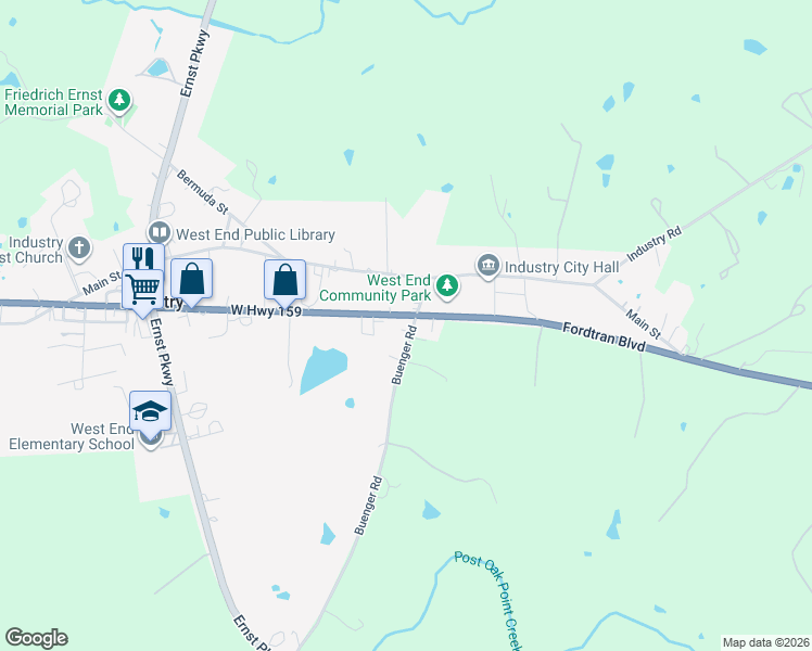 map of restaurants, bars, coffee shops, grocery stores, and more near 127 Buenger Road in Industry