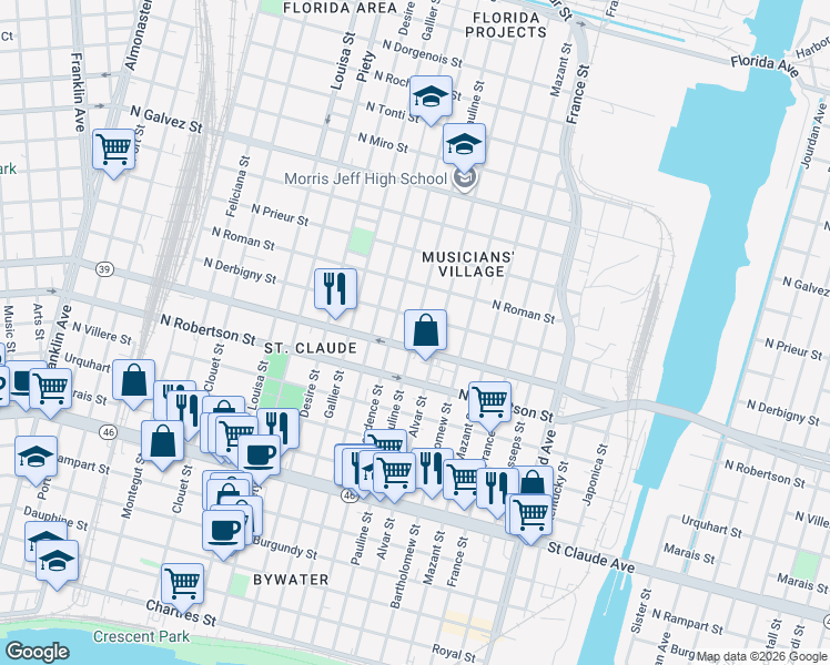map of restaurants, bars, coffee shops, grocery stores, and more near Pauline Street in New Orleans