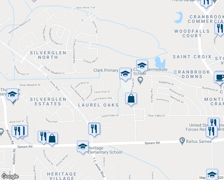 map of restaurants, bars, coffee shops, grocery stores, and more near 12702 Laurel Bank Way in Houston