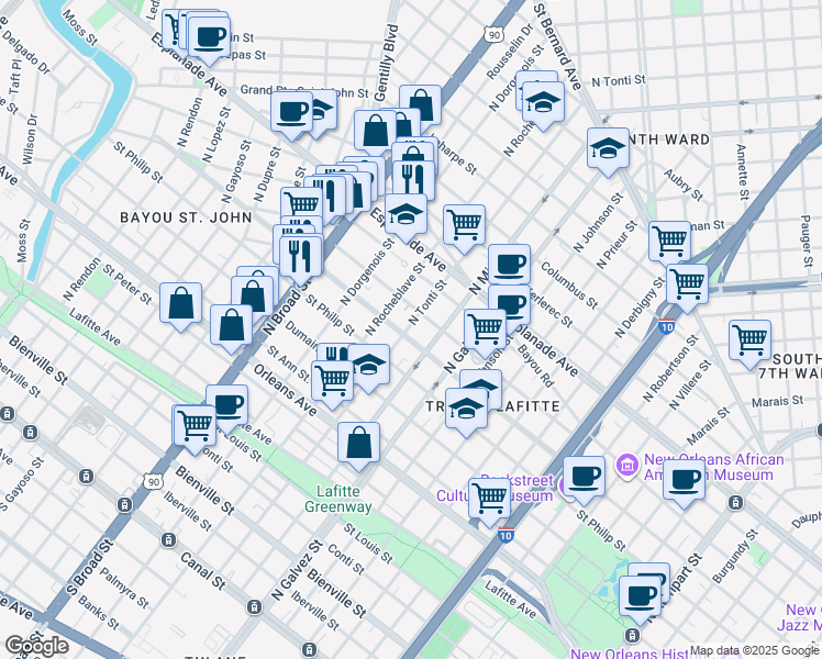 map of restaurants, bars, coffee shops, grocery stores, and more near 2339 Ursulines Avenue in New Orleans