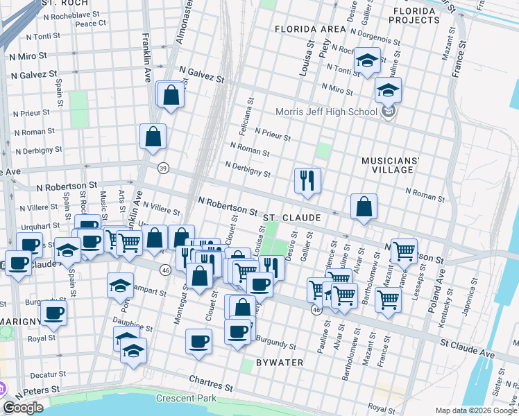 map of restaurants, bars, coffee shops, grocery stores, and more near 3116 North Robertson Street in New Orleans