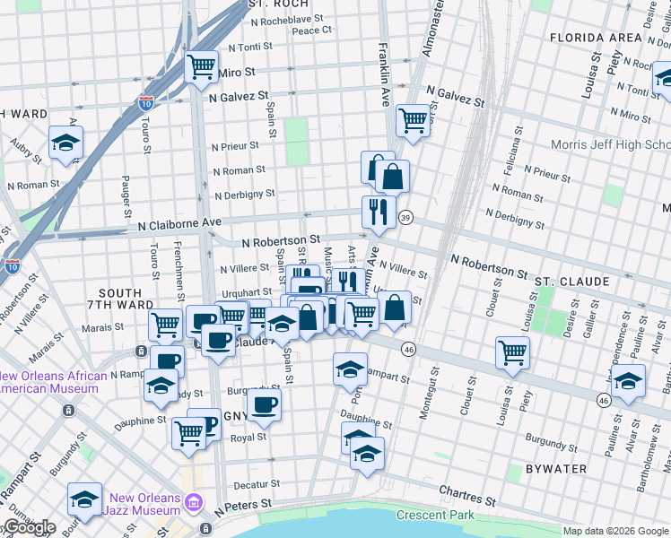map of restaurants, bars, coffee shops, grocery stores, and more near 1323 Music Street in New Orleans