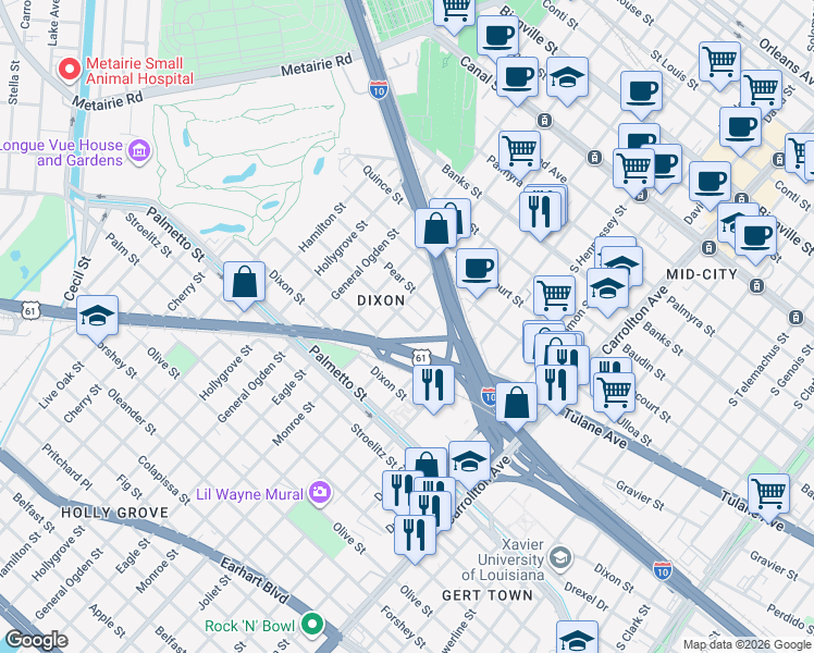 map of restaurants, bars, coffee shops, grocery stores, and more near 8608 Marks Street in New Orleans