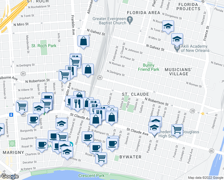 map of restaurants, bars, coffee shops, grocery stores, and more near N Robertson St & Clouet St in New Orleans