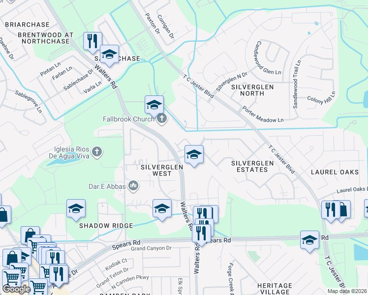 map of restaurants, bars, coffee shops, grocery stores, and more near 2826 Silver Tree in Houston