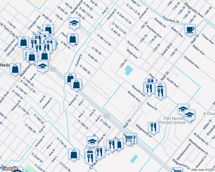 map of restaurants, bars, coffee shops, grocery stores, and more near 1422 Herring Avenue in Port Neches