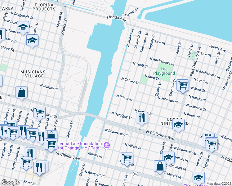 map of restaurants, bars, coffee shops, grocery stores, and more near 1907 Jourdan Avenue in New Orleans