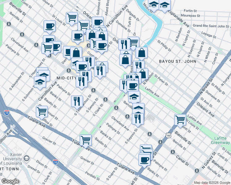 map of restaurants, bars, coffee shops, grocery stores, and more near 132 North Clark Street in New Orleans