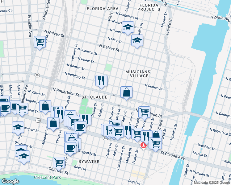 map of restaurants, bars, coffee shops, grocery stores, and more near 1616 Pauline Street in New Orleans