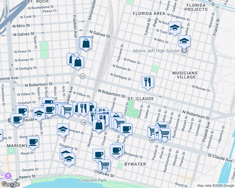 map of restaurants, bars, coffee shops, grocery stores, and more near 46722 North Robertson Street in New Orleans