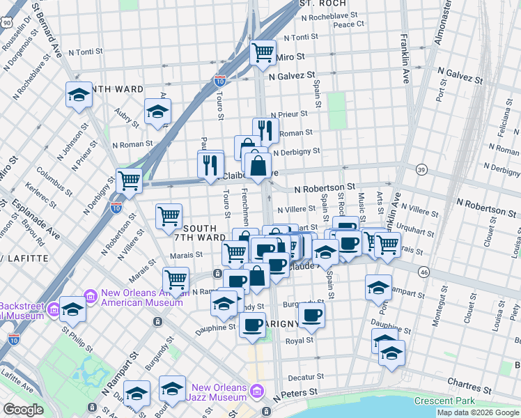 map of restaurants, bars, coffee shops, grocery stores, and more near in New Orleans