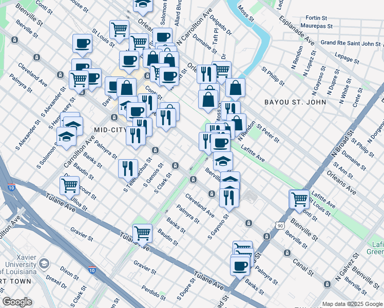 map of restaurants, bars, coffee shops, grocery stores, and more near 132 North Clark Street in New Orleans