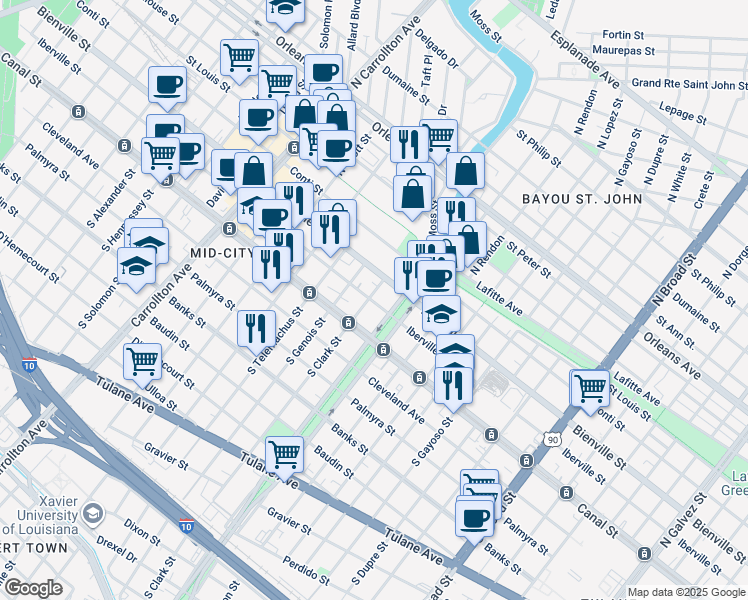 map of restaurants, bars, coffee shops, grocery stores, and more near 132 North Clark Street in New Orleans