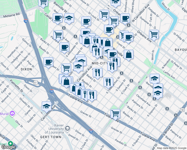 map of restaurants, bars, coffee shops, grocery stores, and more near 4013 Banks Street in New Orleans