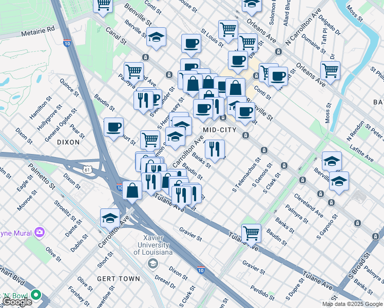 map of restaurants, bars, coffee shops, grocery stores, and more near in New Orleans