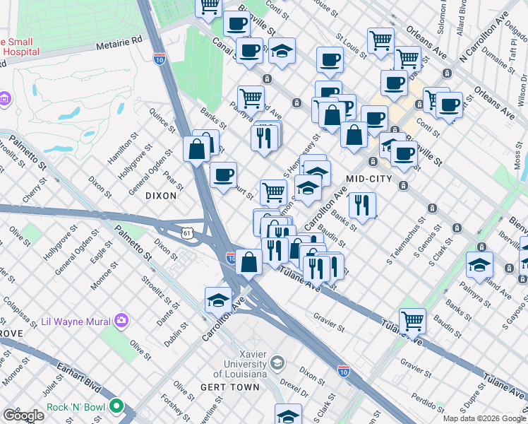 map of restaurants, bars, coffee shops, grocery stores, and more near 4210 D Hemecourt Street in New Orleans