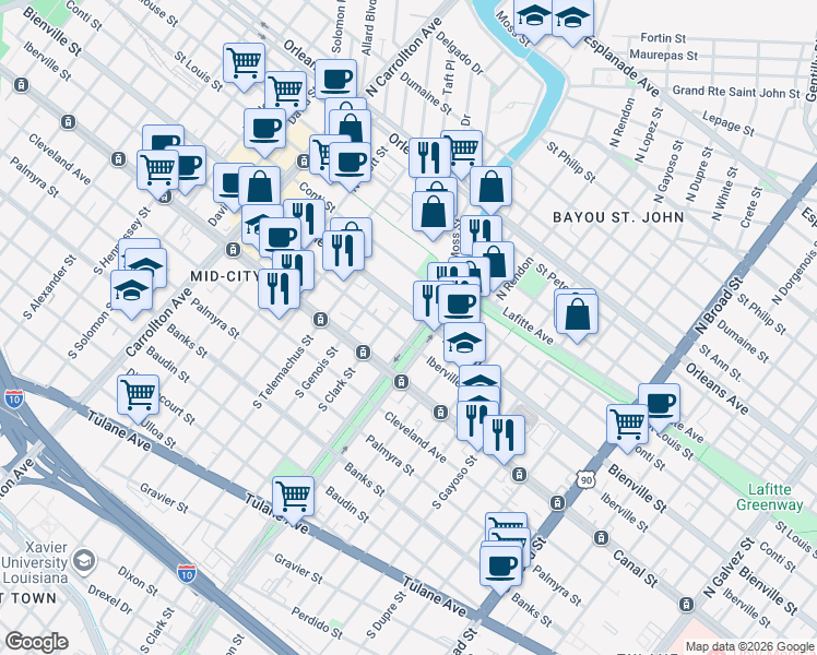 map of restaurants, bars, coffee shops, grocery stores, and more near 217 North Norman C Francis Parkway in New Orleans