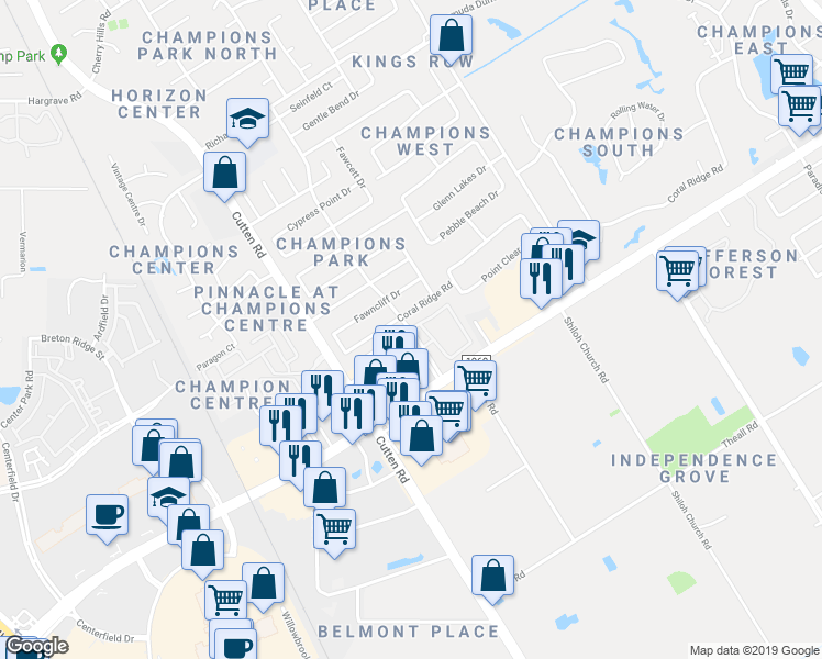 map of restaurants, bars, coffee shops, grocery stores, and more near 13150 Champions Park Drive in Houston