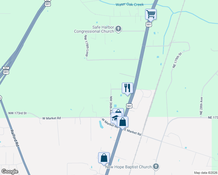 map of restaurants, bars, coffee shops, grocery stores, and more near Northwest 185 Avenue in Starke