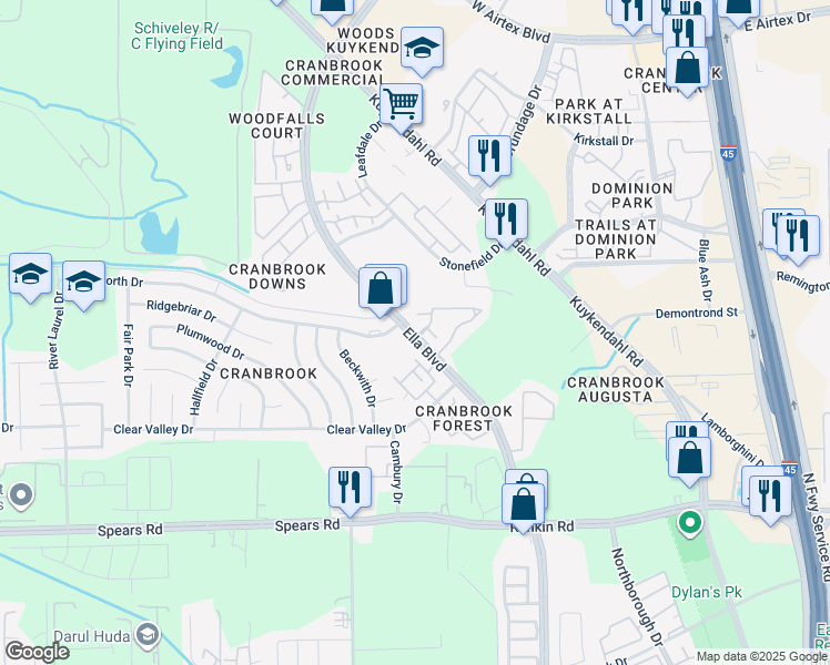 map of restaurants, bars, coffee shops, grocery stores, and more near 13900 Ella Boulevard in Houston
