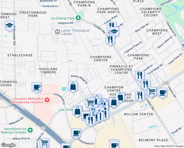 map of restaurants, bars, coffee shops, grocery stores, and more near 13600 Breton Ridge Street in Houston
