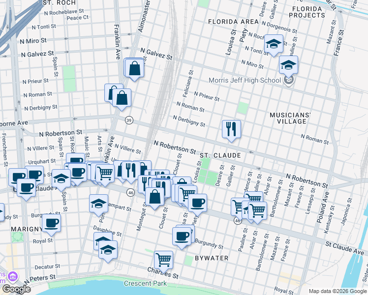 map of restaurants, bars, coffee shops, grocery stores, and more near 46722 North Robertson Street in New Orleans