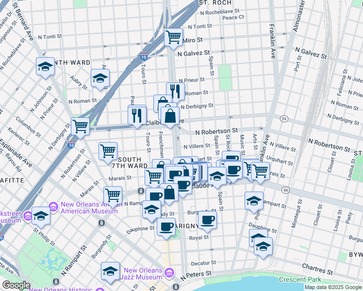 map of restaurants, bars, coffee shops, grocery stores, and more near in New Orleans