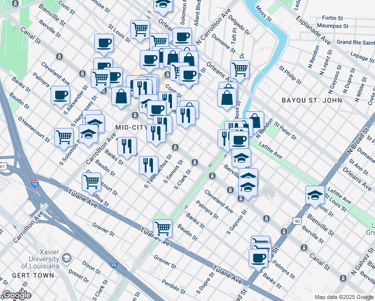 map of restaurants, bars, coffee shops, grocery stores, and more near 3603 Canal Street in New Orleans