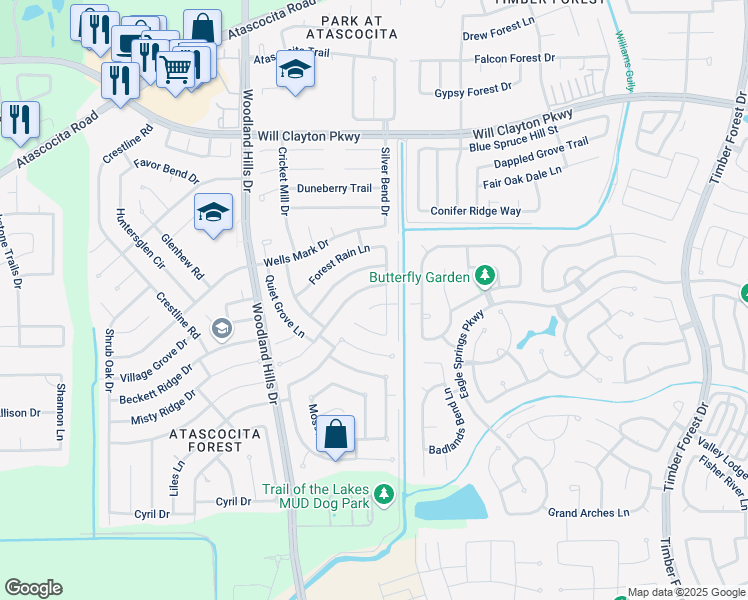 map of restaurants, bars, coffee shops, grocery stores, and more near 16531 Morning Shadows Way in Humble