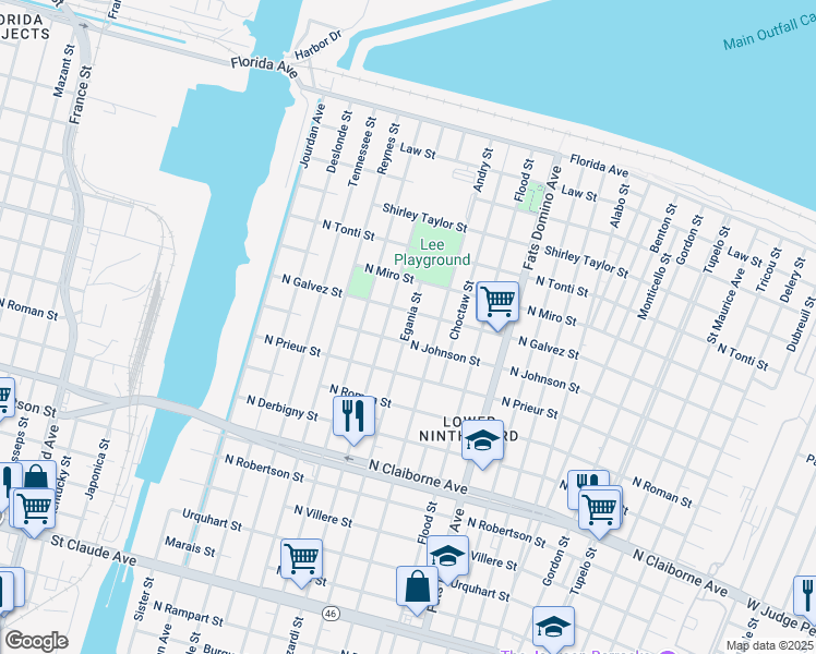 map of restaurants, bars, coffee shops, grocery stores, and more near 2020 Egania Street in New Orleans