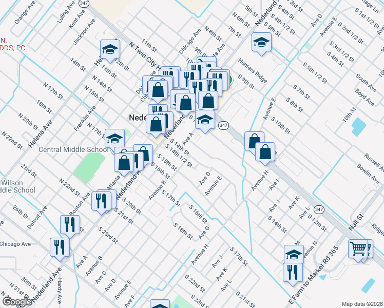 map of restaurants, bars, coffee shops, grocery stores, and more near 313 South 14th Street in Nederland