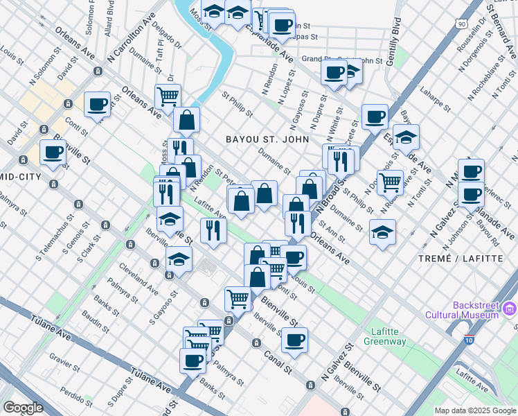 map of restaurants, bars, coffee shops, grocery stores, and more near 2902 Saint Peter Street in New Orleans
