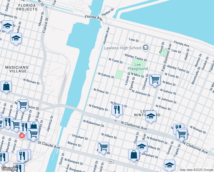 map of restaurants, bars, coffee shops, grocery stores, and more near 1937 Tennessee Street in New Orleans
