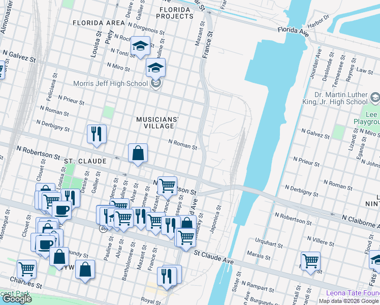 map of restaurants, bars, coffee shops, grocery stores, and more near 1705 France Street in New Orleans