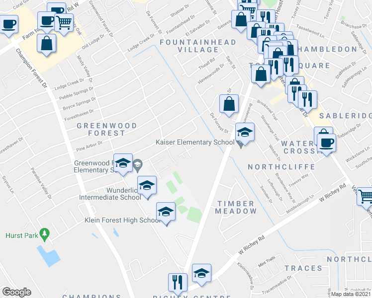 map of restaurants, bars, coffee shops, grocery stores, and more near Greenwood-Forest Drive in Houston