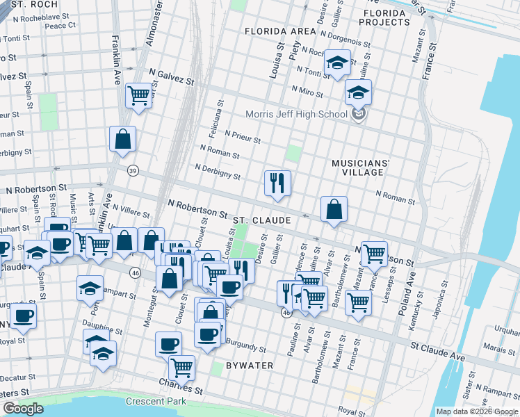 map of restaurants, bars, coffee shops, grocery stores, and more near 1514 Piety Street in New Orleans