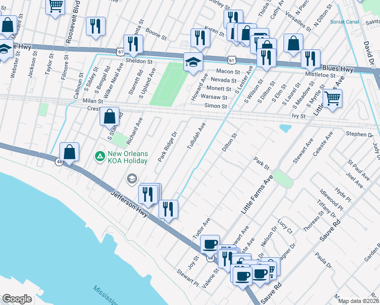 map of restaurants, bars, coffee shops, grocery stores, and more near 701 Tullulah Avenue in River Ridge